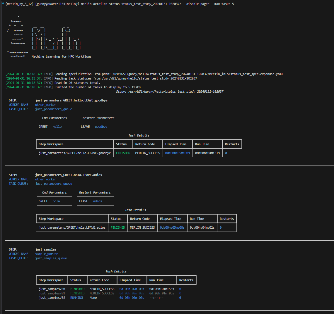 The output of detailed-status with the max tasks filter